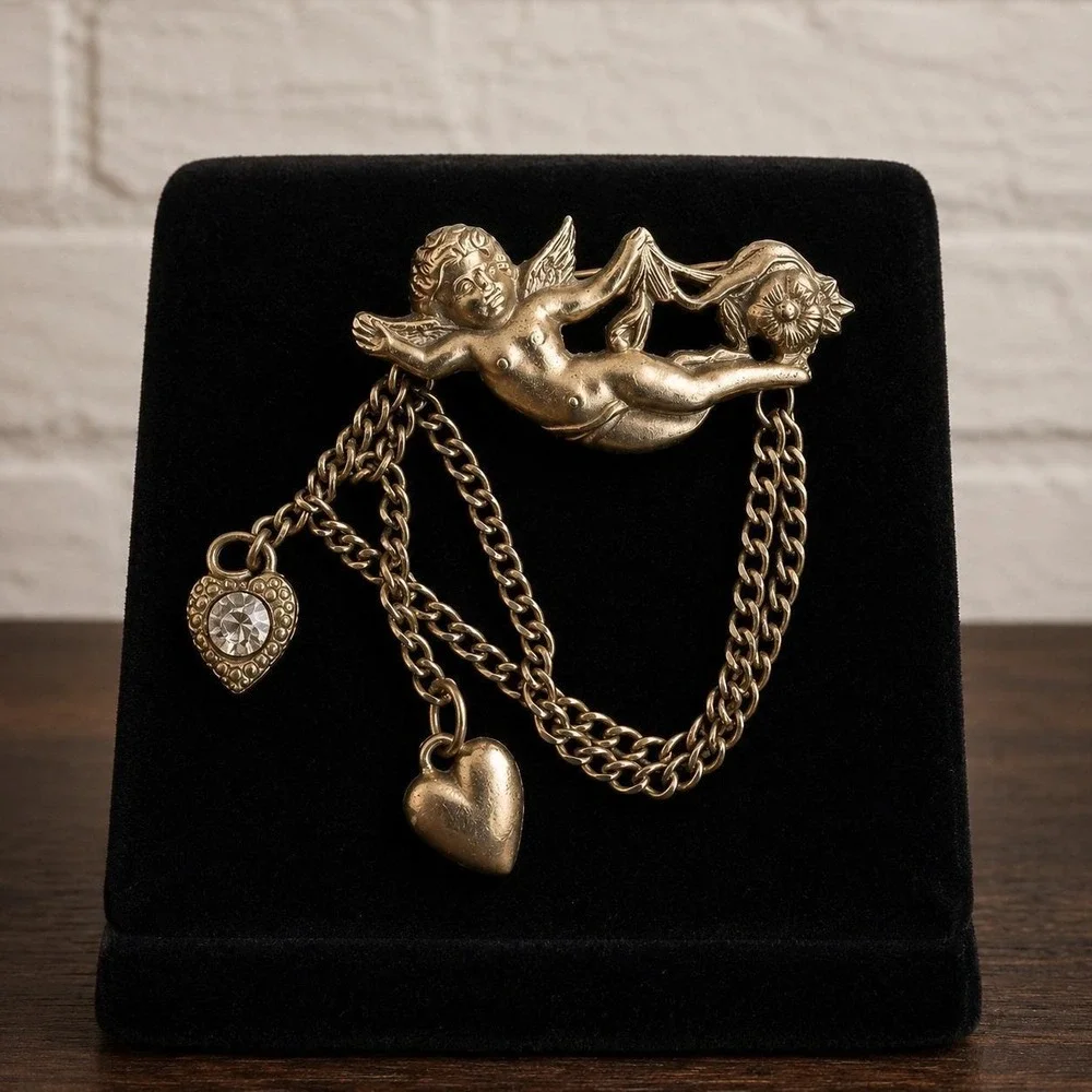 Vintage Cherub Brooch Cupid Chain Heart Charms - Silver Pot Metal Angel Pin